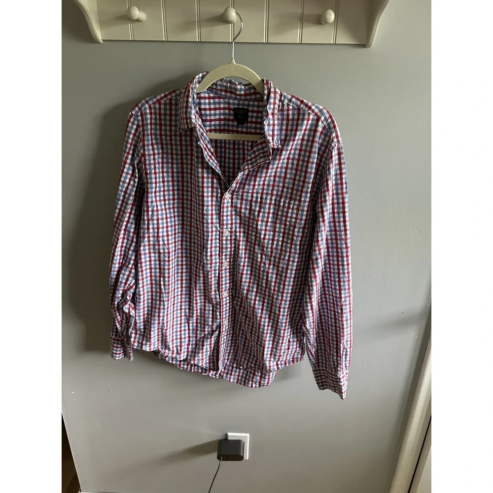 J.Crew Mens Red White Blue Gingham Plaid Cotton Button Down Shirt Large 31872